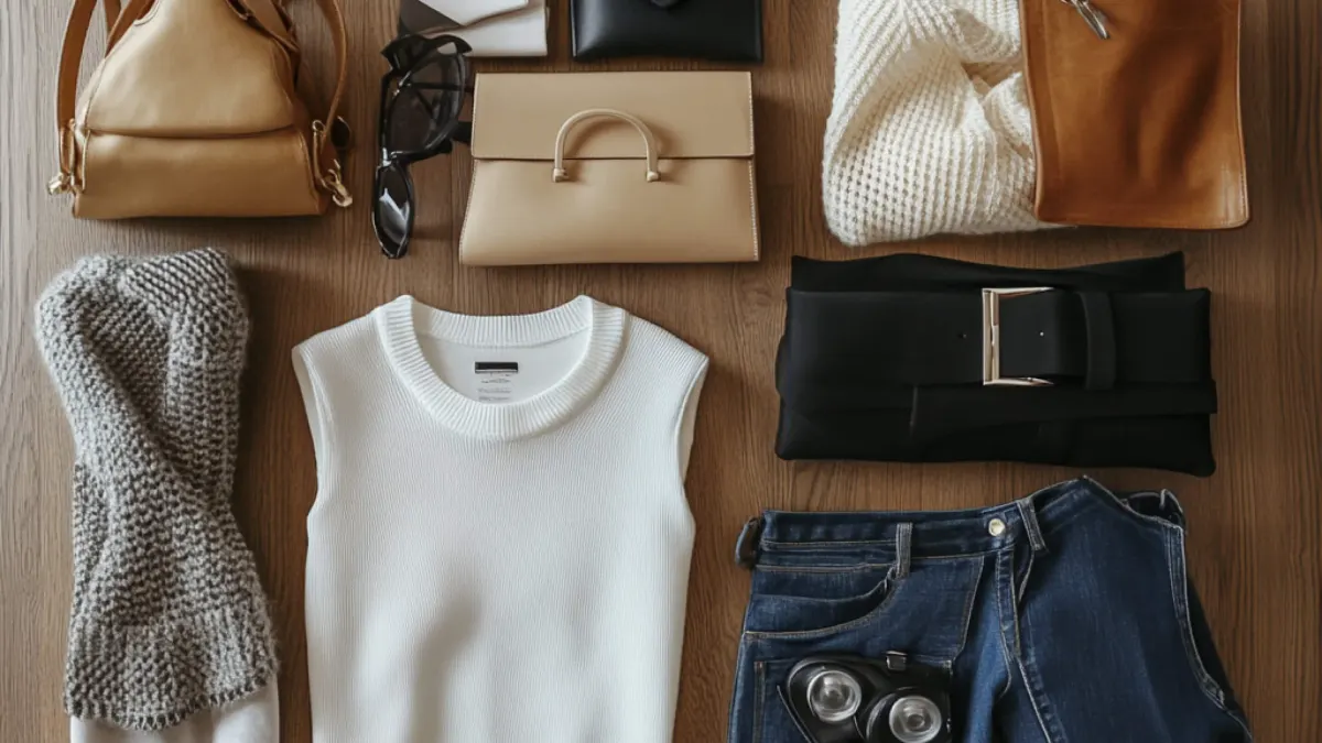 Clothing, bags and accessories arranged as an outfit edit