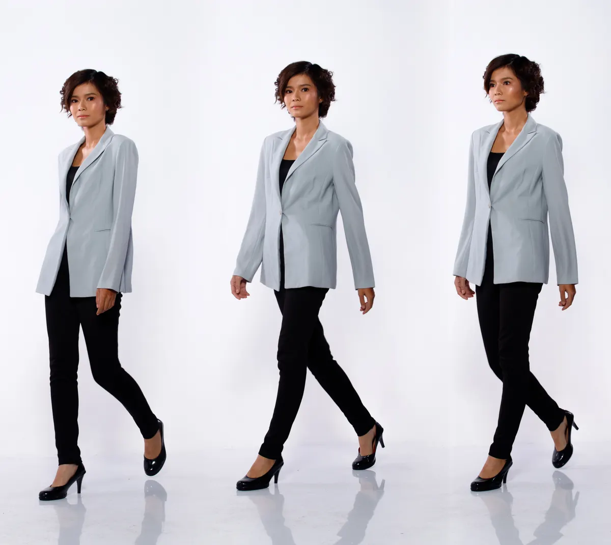 Three views of a light blazer styled with dark trousers