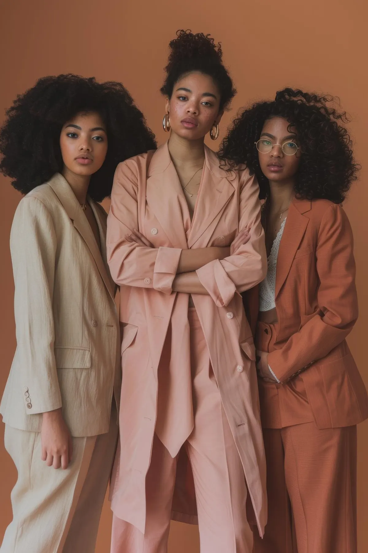 Three women wearing muted rose and brown outfits