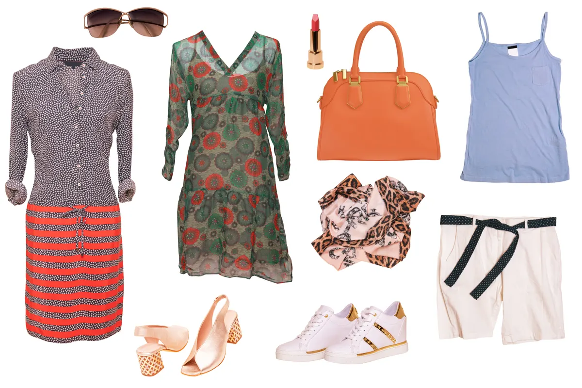 An outfit board combining dresses, separates, shoes and bags